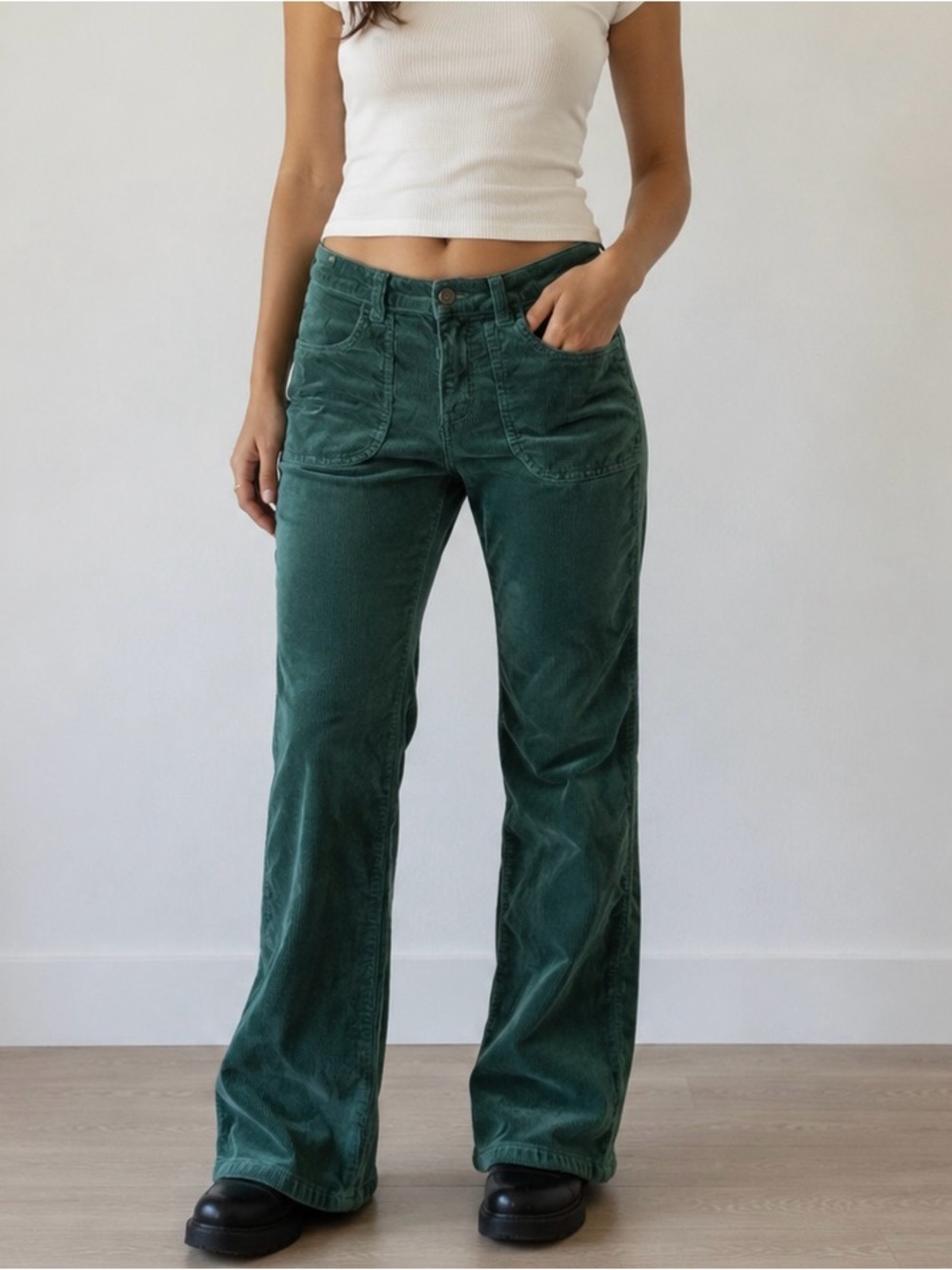 Pilcro Teal Green Corduroy Waistband Detail